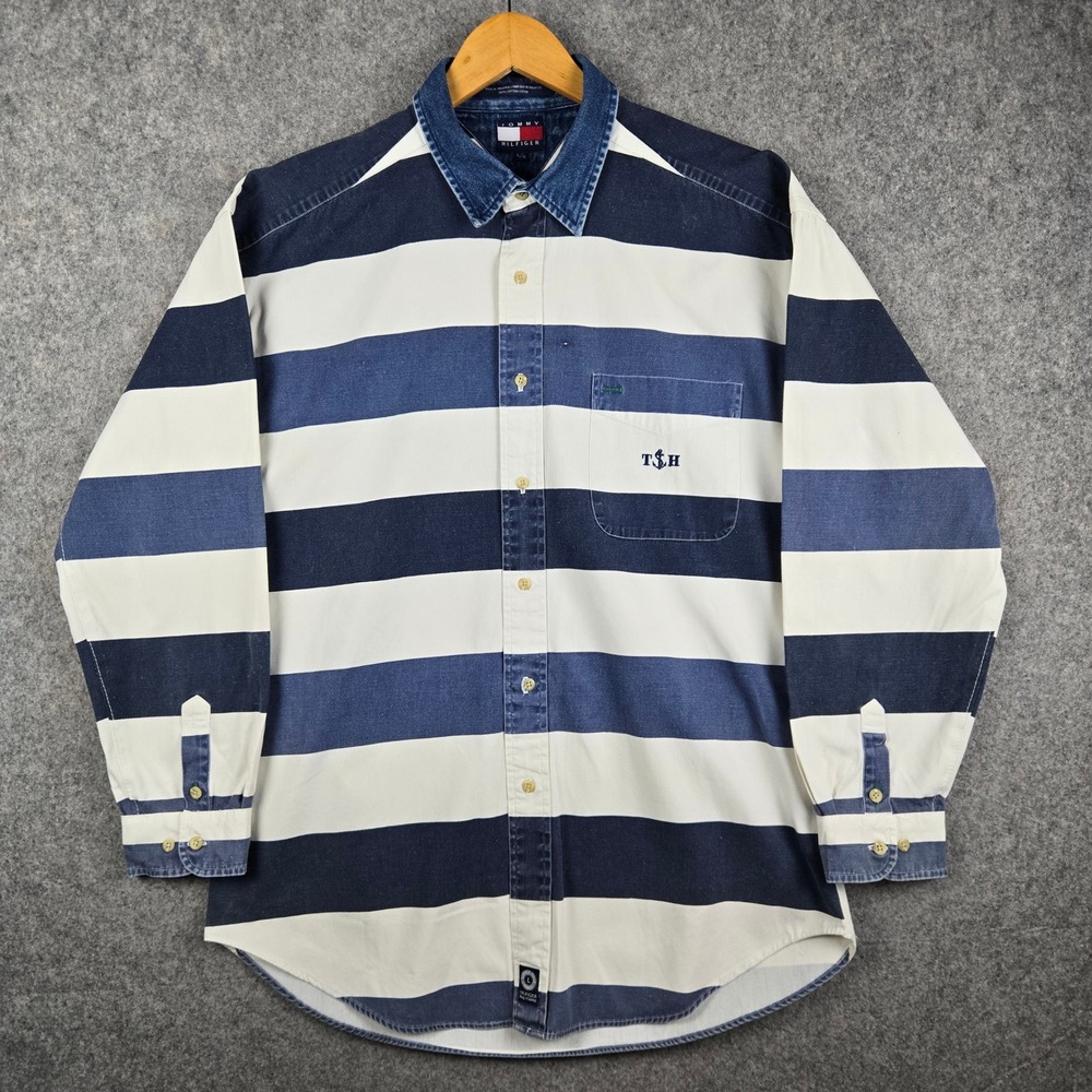 Vintage Tommy Hilfiger Shirt Mens Large Blue Striped Denim Collar 90s Nautical